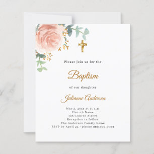 Baptism pink floral girl gold cross invitation