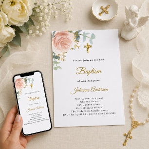Baptism pink floral girl gold cross invitation