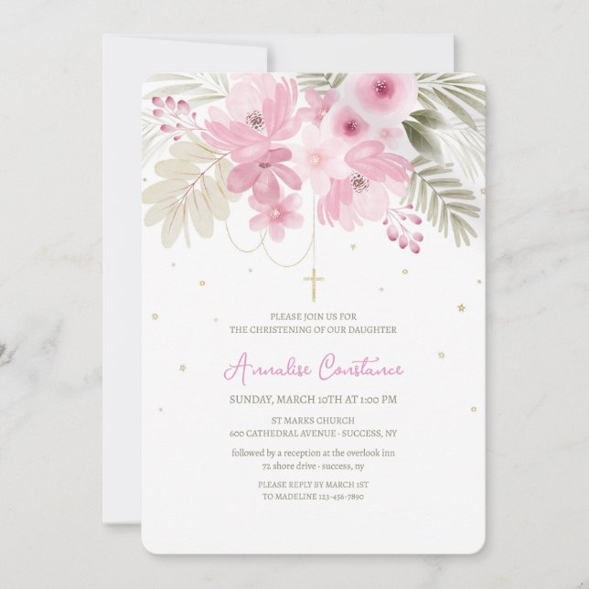 Baptism Pink Floral Invitation (Front)