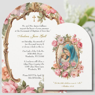 Baptism Pink Floral Mother Mary Jesus Gold  Invitation