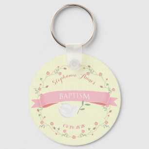 Baptism Pink Floral Wreath Key Ring