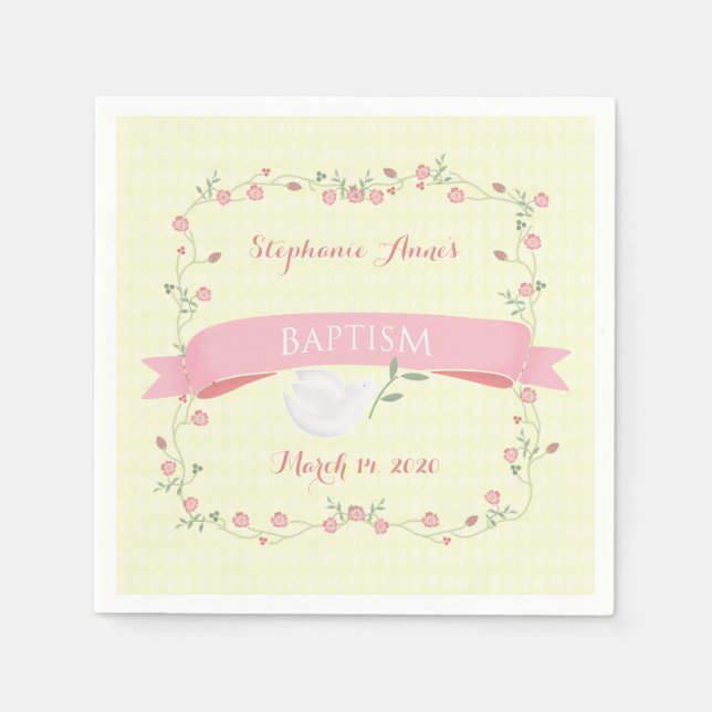 Baptism Pink Floral Wreath Napkin (Front)