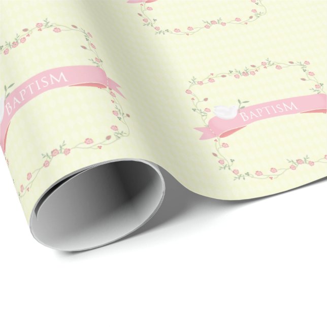 Baptism Pink Floral Wreath Wrapping Paper (Roll Corner)