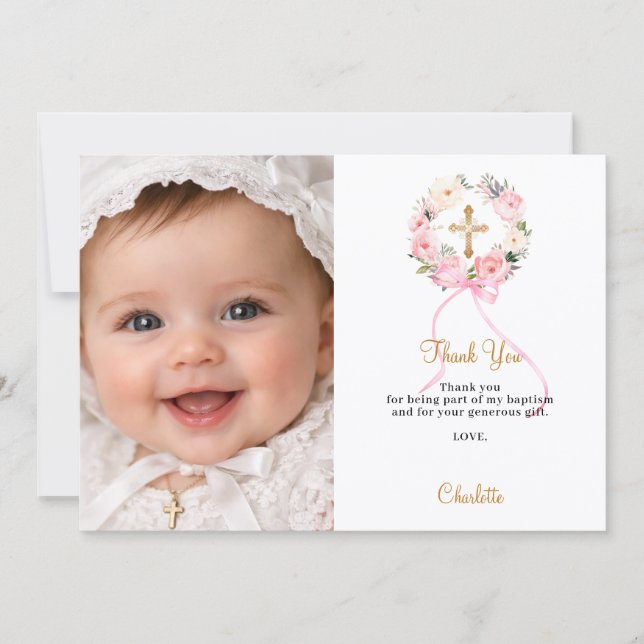 Baptism pink florals bow photo girl thank you card (Front)