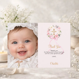 Baptism pink florals bow photo girl thank you card