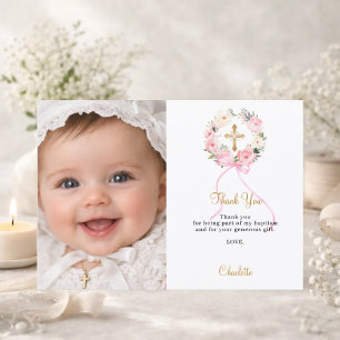 Baptism pink florals bow photo girl thank you card