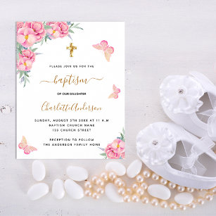 Baptism pink florals butterfly budget invitation flyer
