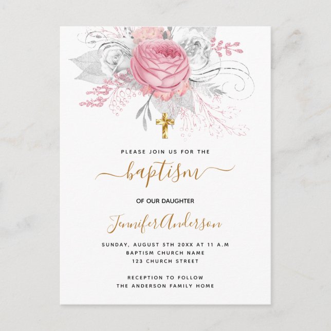 Baptism pink florals girl elegant white  invitation postcard (Front)