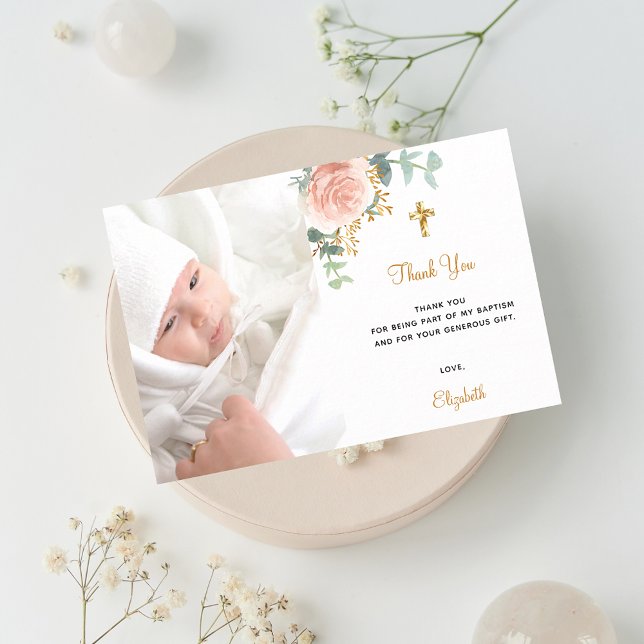 Baptism pink florals photo thank you card (Creator Uploaded)