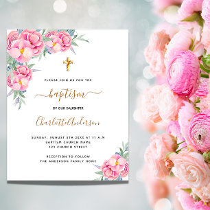 Baptism pink florals rose gold budget invitation