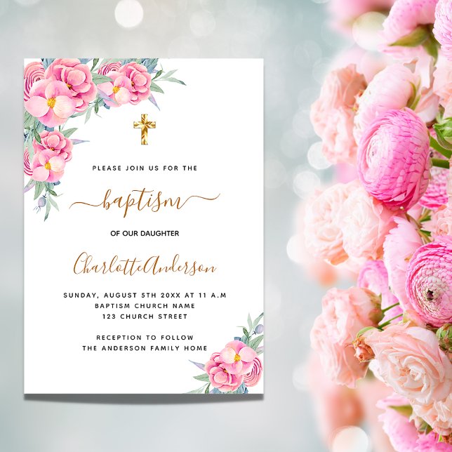 Baptism pink florals rose gold girl luxury invitation (Creator Uploaded)
