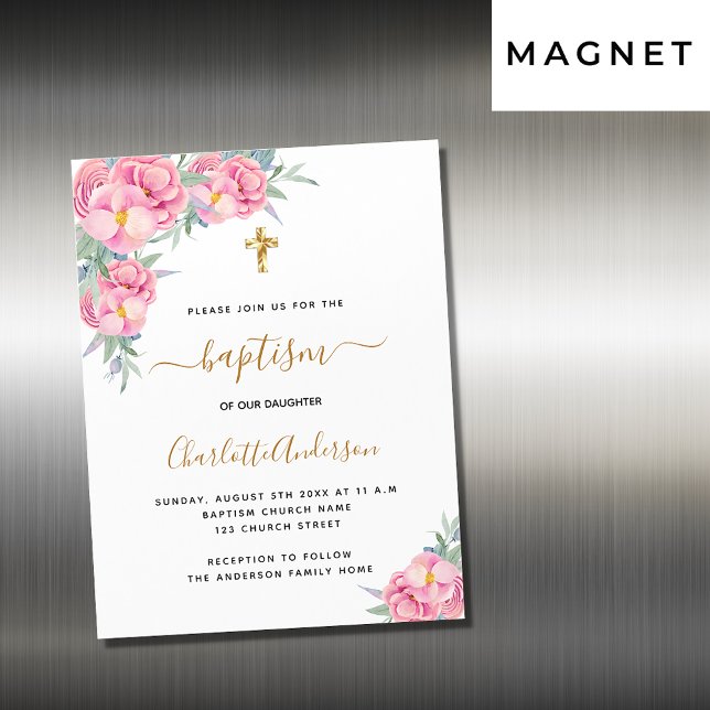 Baptism pink florals rose invitation magnet (Creator Uploaded)