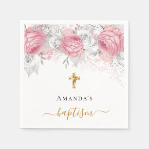 Baptism pink florals white elegant name script napkin