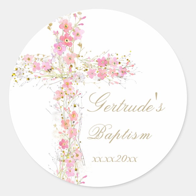 Baptism pink flowers cross baby girl  classic round sticker (Front)
