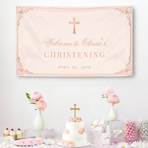 Baptism Pink Girl Christening Rose Gold Cross Banner