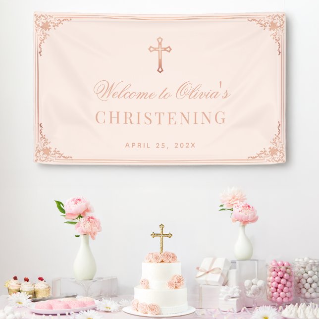 Baptism Pink Girl Christening Rose Gold Cross Banner (Creator Uploaded)