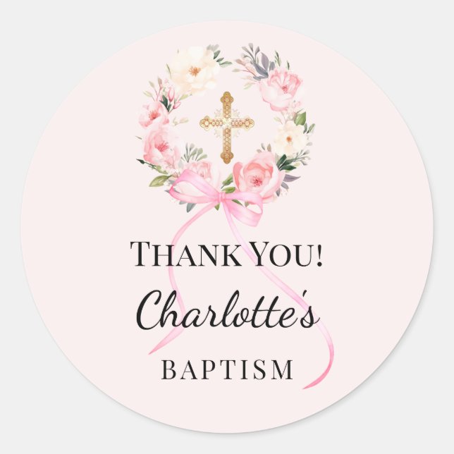 Baptism pink girl florals wreath cross thank you classic round sticker (Front)