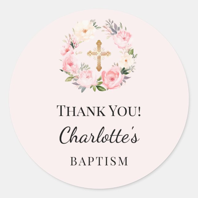Baptism pink girl florals wreath cross thank you classic round sticker (Front)