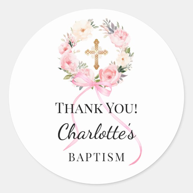 Baptism pink girl florals wreath cross thank you classic round sticker (Front)