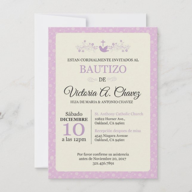 Baptism Pink Invitation - Spanish (Front)