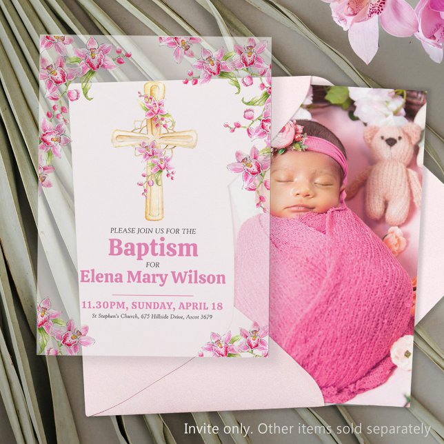 Baptism pink orchid watercolor  vellum invitations (Creator Uploaded)