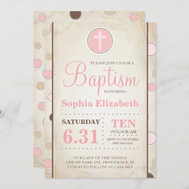 Baptism Pink Polka Dot Invite - Baby Girl (Front/Back)