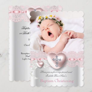 Baptism Pink Silver Photo Heart Cross Girl Invitation