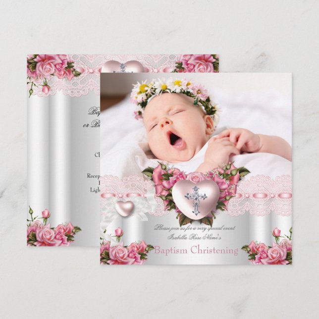 Baptism Pink Silver Photo Heart Cross Girl Rose 2 Invitation (Front/Back)