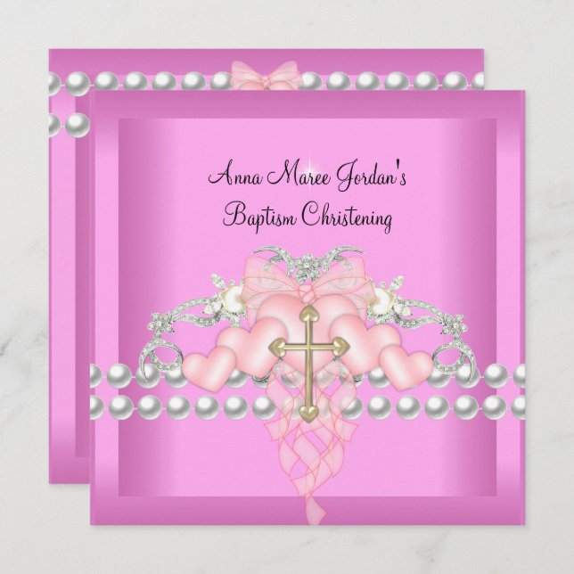 Baptism Pink Tiara Silver White Pearl Diamond Invitation (Front/Back)