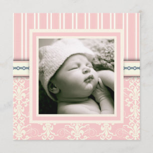 Baptism Pink Vintage Damask Photo Invitation