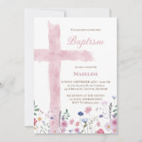 Baptism pink watercolor cross and flowers