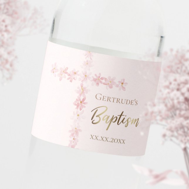Baptism pink watercolor cross water bottle label (Creator Uploaded)