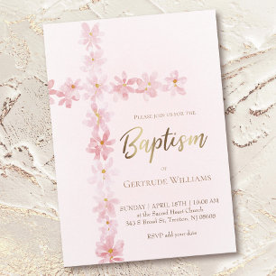 Baptism pink watercolor floral cross  invitation