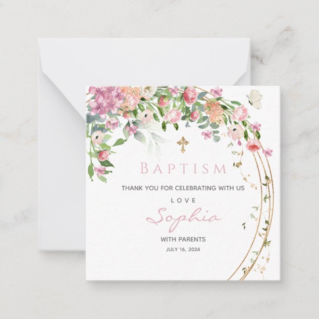 Baptism Pink Watercolour Floral Girl  Thank you  Card (Front)