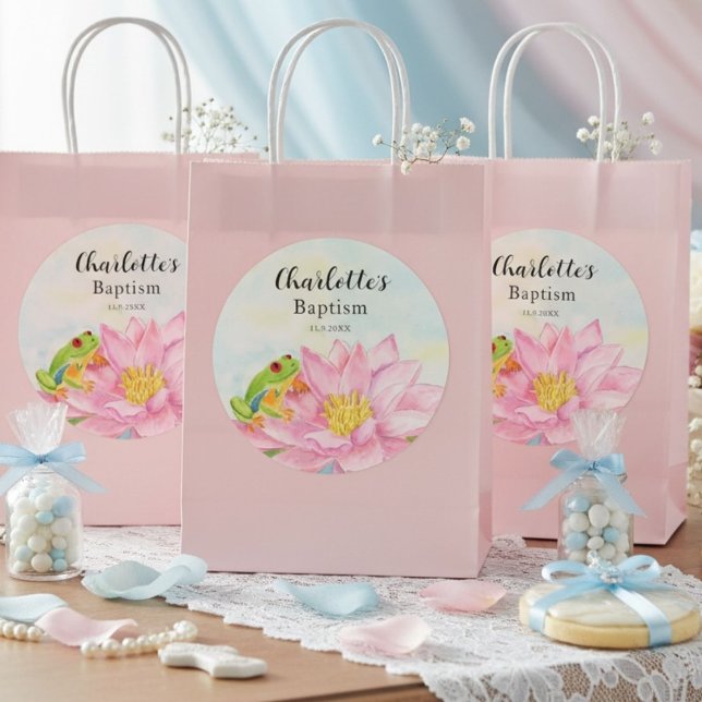 Baptism Pink Waterlily & Tree Frog Classic Round Sticker (Creator Uploaded)