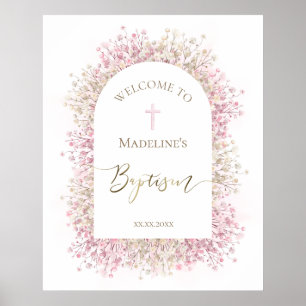 Baptism pink white floral welcome poster