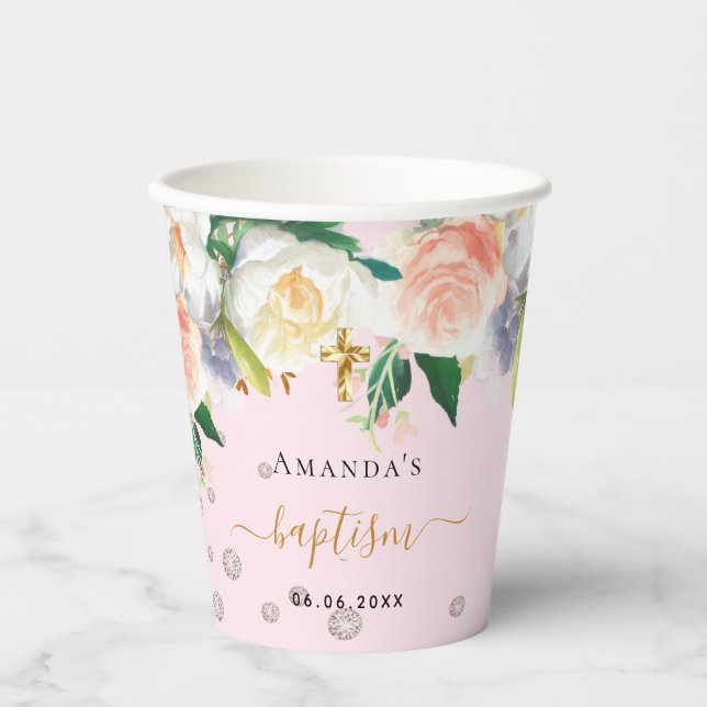 Baptism pink white flowers girl paper cups (Front)