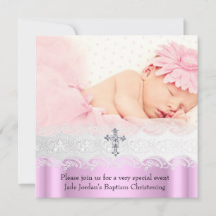 Baptism Pink White Lace Photo Jewel Cross Girl Invitation