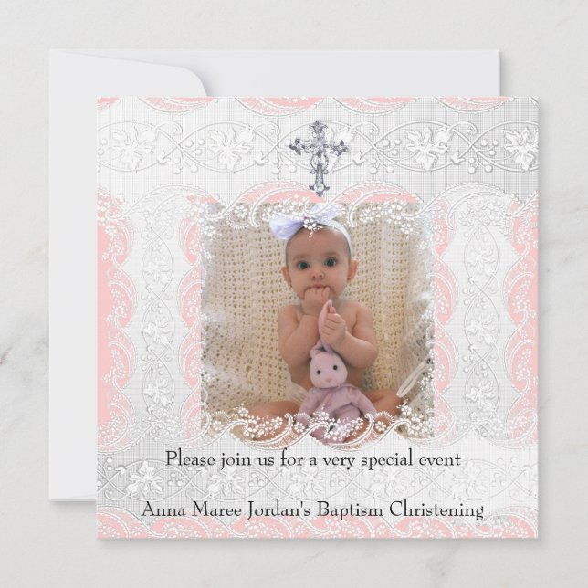 Baptism Pink White Lace Photo Jewel Cross Invitation (Front)