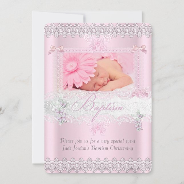 Baptism Pretty Pink Lace Photo Butterfly Girl Invitation (Front)