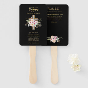 Baptism Program Fan - Floral Cross Black Gold