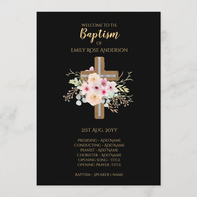 Baptism Program - Floral Cross Black Gold Programme (Front)