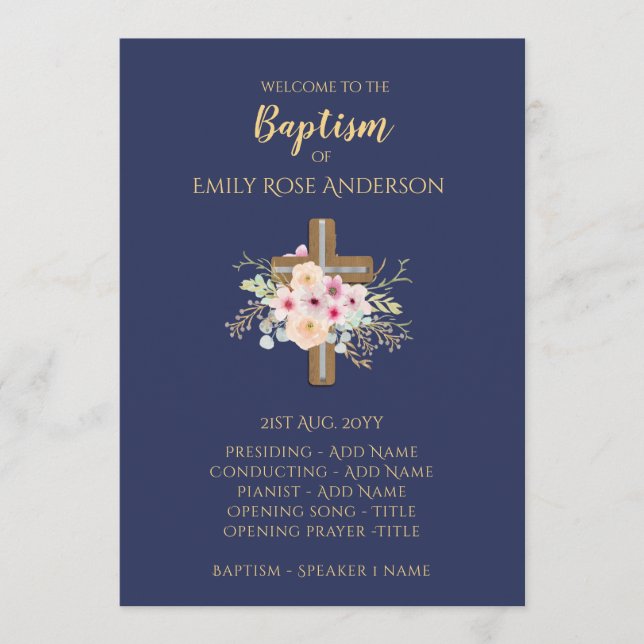 Baptism Program - Floral Cross BLUE Gold Programme (Front)