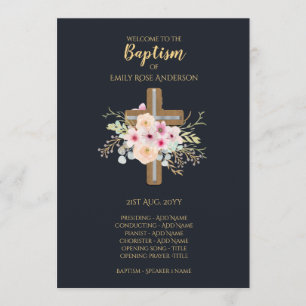 Baptism Program - Floral Cross Navy Blue Gold Programme