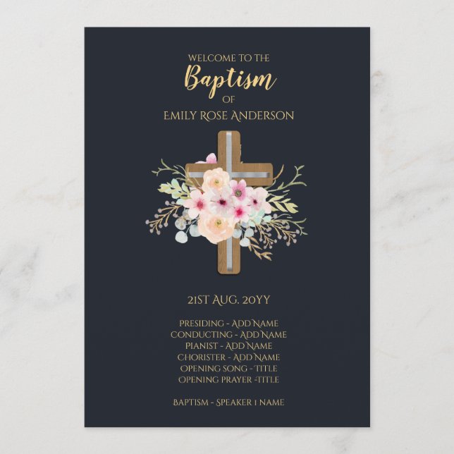Baptism Program - Floral Cross Navy Blue Gold Programme (Front)