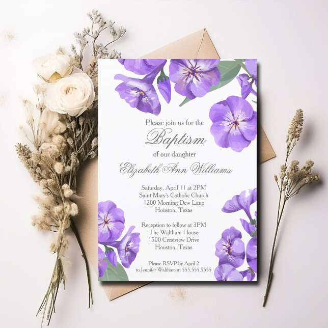 Baptism Purple Floral Watercolor Pretty Invitation (Creator Uploaded)