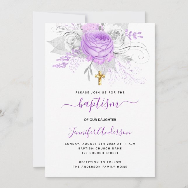 Baptism purple florals girl elegant white invitation (Front)
