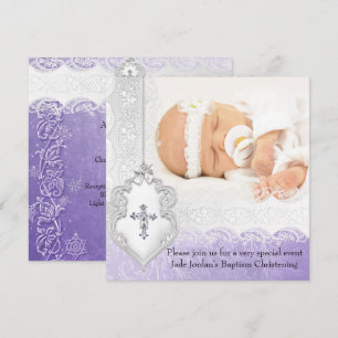 Baptism Purple White Lace Photo Jewel Cross Girl Invitation