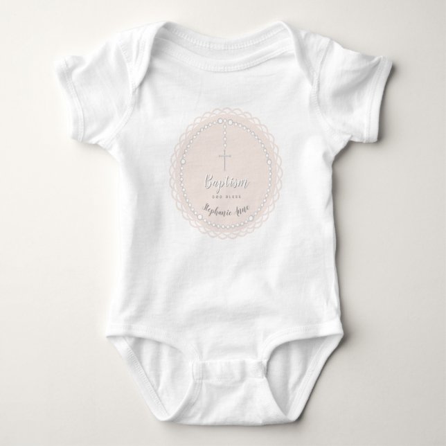 Baptism Rosary on Pink Baby Bodysuit (Front)