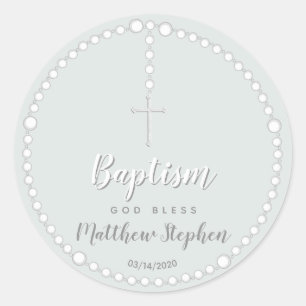 Baptism Rosary on Powdered Blue Classic Round Sticker